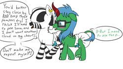 Size: 1920x1080 | Tagged: safe, artist:spritepony, imported from derpibooru, oc, oc only, oc:mopane, oc:spring rain, kirin, zebra, abdl, blushing, commission, crossed hooves, cute, diaper, diaper fetish, english, fetish, kirin oc, male, poofy diaper, simple background, speech bubble, talking, white background, white diaper, zebra oc