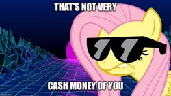 Size: 888x500 | Tagged: artist needed, source needed, safe, editor:professorventurer, imported from derpibooru, fluttershy, pony, caption, cash money, english, image macro, imgflip, lip bite, meme, retrowave, sunglasses, synthwave, text