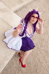 Size: 726x1100 | Tagged: safe, artist:angelangelyss, imported from derpibooru, rarity, human, breasts, cleavage, clothes, cosplay, costume, cutie mark on clothes, glasses, high heels, irl, irl human, jewelry, necklace, pearl necklace, photo, rarity's glasses, shoes, solo