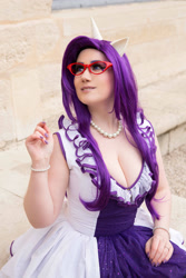 Size: 1024x1536 | Tagged: safe, artist:angelangelyss, imported from derpibooru, rarity, human, breasts, cleavage, clothes, cosplay, costume, glasses, irl, irl human, jewelry, necklace, pearl necklace, photo, rarity's glasses, solo