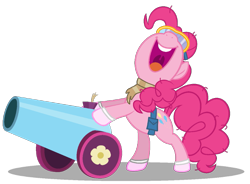 Size: 979x720 | Tagged: safe, artist:gratlofatic, edit, editor:pagiepoppie12345, imported from derpibooru, pinkie pie, earth pony, pony, bag, bipedal, bipedal leaning, cannon, clothes, dusk till dawn, female, goggles, leaning, mare, nose in the air, open mouth, party cannon, saddle bag, scarf, shadow, simple background, smiling, socks, transparent background, uvula, volumetric mouth