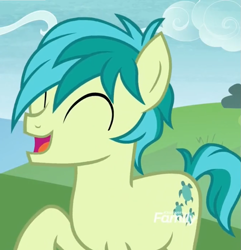 Size: 837x868 | Tagged: safe, imported from derpibooru, screencap, sandbar, earth pony, pony, non-compete clause, cropped, cute, eyes closed, male, raised leg, sandabetes, solo