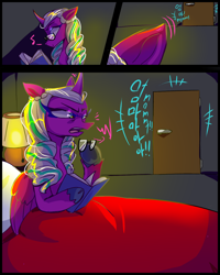 Size: 1080x1350 | Tagged: safe, artist:jully-park, imported from derpibooru, opaline arcana, alicorn, pony, unicorn, comic:can i sleep with you, spoiler:g5, spoiler:my little pony: make your mark, duo, duo female, family, female, filly, filly misty brightdawn, foal, g5, implied misty brightdawn, mama opaline, mare, misty brightdawn, mother and child, mother and daughter, my little pony: a new generation