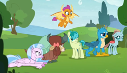 Size: 1121x649 | Tagged: safe, imported from derpibooru, screencap, gallus, ocellus, sandbar, silverstream, smolder, yona, changedling, changeling, classical hippogriff, dragon, earth pony, griffon, hippogriff, pony, yak, non-compete clause, season 8, spoiler:s08, bow, cloven hooves, colored hooves, cropped, cute, diaocelles, diastreamies, dragoness, female, gallabetes, hair bow, jewelry, lying down, male, monkey swings, necklace, prone, sandabetes, smolderbetes, student six, yonadorable