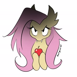 Size: 2048x2048 | Tagged: safe, artist:katputze, imported from derpibooru, fluttershy, bat pony, pony, apple, bat ponified, bust, fangs, female, flutterbat, food, mare, race swap, signature, simple background, solo, white background