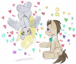 Size: 6121x5135 | Tagged: safe, artist:arwencuack, imported from derpibooru, derpy hooves, doctor whooves, time turner, pegasus, pony, absurd resolution, adorable face, colored sketch, confused, cute, duo, female, heart, love, male, mare, romance, romantic, shipping, simple background, sketch, stallion, upside down, white background