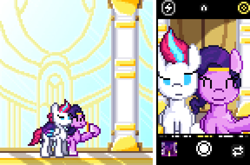 Size: 8784x5795 | Tagged: safe, artist:mariothepixelarter, imported from derpibooru, pipp petals, zipp storm, pegasus, pony, absurd resolution, cellphone, duo, female, g5, mare, phone, pixel art, raised eyebrow, royal sisters (g5), selfie, siblings, sisters, smartphone, smiling