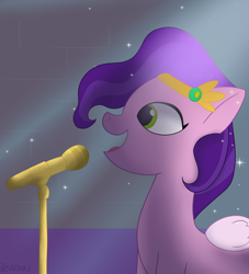 Size: 2000x2200 | Tagged: safe, artist:reinbou, imported from derpibooru, pipp petals, pegasus, pony, female, g5, headband, light, mare, microphone, simple background, singing, solo, sparkles