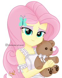 Size: 836x1056 | Tagged: safe, artist:fluttershy_art.nurul, imported from derpibooru, fluttershy, butterfly, human, equestria girls, art, beautiful, beautiful eyes, beautiful hair, bedroom eyes, brown, clothes, cute, dress, eyelashes, eyeshadow, fanart, green eyes, looking at you, makeup, paw pads, pink eyeshadow, pink hair, plushie, shyabetes, signature, simple background, smiling, smiling at you, solo, tape, teddy bear, white, white background, white dress, woman, yellow skin