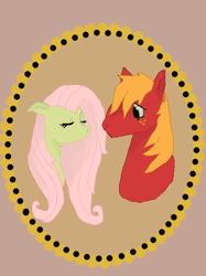 Size: 500x667 | Tagged: safe, artist:novalley, imported from derpibooru, big macintosh, fluttershy, earth pony, pegasus, pony, bust, ears back, eyes closed, female, fluttermac, male, mare, shipping, stallion, straight, traditional art