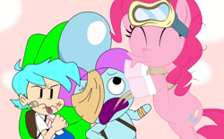 Size: 612x380 | Tagged: safe, artist:fasttoon, imported from derpibooru, pinkie pie, earth pony, human, pony, ^^, among us, bandage, boyfriend, clothes, crewmate, disgusted, dusk till dawn, eyes closed, female, friday night funkin', goggles, hair bun, kissing, male, mare, scared, scarf, socks, tongue out, youtube link