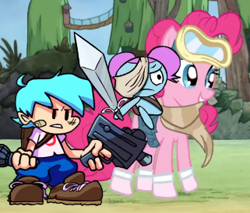 Size: 321x274 | Tagged: safe, artist:awesome toon, edit, imported from derpibooru, pinkie pie, earth pony, human, pony, adventure time, bag, bandage, boyfriend, clothes, cropped, dusk till dawn, female, friday night funkin', goggles, gun, hair bun, male, mare, pibby, riding a pony, saddle bag, scarf, skirt, smiling, socks, sword, tree, unamused, weapon, youtube link