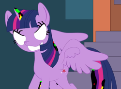 Size: 464x342 | Tagged: safe, artist:fasttoon, imported from derpibooru, twilight sparkle, alicorn, pony, corrupted, dusk till dawn, error, evil twilight, female, glitch, horn, mare, pibby, smiling, spread wings, twilight sparkle (alicorn), wings, youtube link