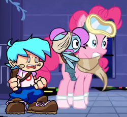 Size: 367x337 | Tagged: safe, artist:awesome toon, edit, imported from derpibooru, pinkie pie, earth pony, human, pony, bag, bandage, boyfriend, castle of the royal pony sisters, clothes, cropped, dusk till dawn, error, female, friday night funkin', glitch, goggles, hair bun, male, mare, night, pibby, riding a pony, saddle bag, scared, scarf, shocked, skirt, socks, youtube link