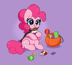 Size: 4139x3687 | Tagged: safe, artist:kittyrosie, imported from derpibooru, pinkie pie, earth pony, pony, candy, chocolate, cute, cute little fangs, diapinkes, fangs, female, food, halloween, holiday, mare, smiling, solo, vampire costume