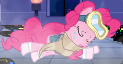 Size: 326x169 | Tagged: safe, artist:awesome toon, edit, imported from derpibooru, pinkie pie, earth pony, pony, bag, castle of the royal pony sisters, clothes, cropped, crying, dusk till dawn, error, eyes closed, female, glitch, goggles, lying down, mare, night, prone, sad, saddle bag, scarf, skirt, socks, youtube link