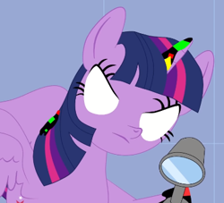 Size: 383x348 | Tagged: safe, artist:fasttoon, imported from derpibooru, twilight sparkle, alicorn, pony, angry, binoculars, corrupted, dusk till dawn, error, female, flying, glitch, horn, mare, pibby, spread wings, twilight sparkle (alicorn), wings, youtube link