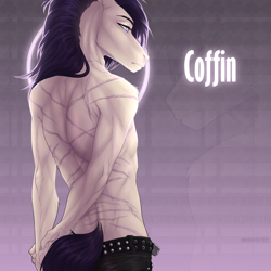 Size: 2000x2000 | Tagged: safe, artist:dementra369, imported from derpibooru, oc, oc only, oc:coffin, anthro, clothes, male, partial nudity, scar, solo, topless