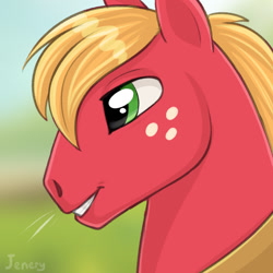 Size: 1280x1280 | Tagged: safe, artist:jenery, imported from derpibooru, big macintosh, earth pony, pony, blurry background, bust, freckles, grin, horse collar, male, portrait, smiling, solo, stallion