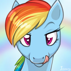 Size: 1280x1280 | Tagged: safe, artist:jenery, imported from derpibooru, rainbow dash, pegasus, pony, bedroom eyes, bust, female, heart, heart eyes, hungry, kitchen eyes, licking, licking lips, looking at you, mare, offscreen character, portrait, pov, rainbow background, raised eyebrow, solo, tongue out, wingding eyes