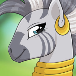 Size: 1280x1280 | Tagged: safe, artist:jenery, imported from derpibooru, zecora, pony, zebra, bust, ear piercing, earring, female, green background, jewelry, mare, neck rings, piercing, portrait, side view, simple background, solo