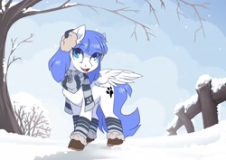 Size: 3508x2480 | Tagged: safe, artist:arctic-fox, imported from derpibooru, oc, oc only, oc:snow pup, pegasus, pony, boots, clothes, collar, earmuffs, eye clipping through hair, eyebrows, eyebrows visible through hair, fence, looking at you, open mouth, open smile, scarf, shoes, smiling, snow, snowfall, socks, solo, spread wings, striped scarf, striped socks, tree, wings, winter