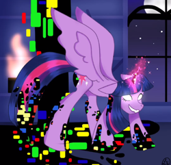 Size: 496x478 | Tagged: safe, artist:spooky ayu, imported from derpibooru, twilight sparkle, alicorn, pony, castle of the royal pony sisters, corrupted, dusk till dawn, error, female, fire, floppy ears, glitch, glowing, glowing eyes, horn, magic, mare, moon, night, pibby, signature, smiling, sparkles, speedpaint available, spread wings, stars, torch, twilight sparkle (alicorn), wings, youtube link