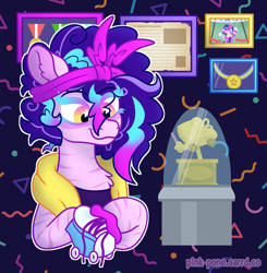 Size: 1755x1792 | Tagged: safe, artist:pink-pone, imported from derpibooru, oc, hybrid, zony, clothes, female, roller skates, skates, solo, trophy