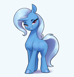 Size: 2804x2882 | Tagged: safe, artist:aquaticvibes, imported from derpibooru, trixie, pony, unicorn, blue background, cyan background, female, grin, high res, looking at you, mare, simple background, smiling, smiling at you, smirk, solo