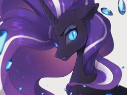 Size: 1600x1200 | Tagged: safe, artist:hosikawa, imported from derpibooru, nightmare rarity, pony, unicorn, blue eyes, bust, crystal, digital art, ethereal mane, eye clipping through hair, eyeshadow, female, flowing mane, gem, glowing, glowing eyes, horn, looking at you, makeup, mare, nightmarified, purple mane, simple background, slit eyes, solo, sparkles, starry mane, white background