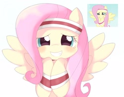 Size: 2048x1602 | Tagged: safe, artist:ginmaruxx, imported from derpibooru, fluttershy, pegasus, pony, hurricane fluttershy, blushing, cute, flying, looking at you, scene interpretation, screencap reference, shyabetes, simple background, smiling, smiling at you, spread wings, sweatband, white background, wings