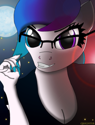 Size: 2474x3271 | Tagged: safe, artist:qnighter, imported from derpibooru, oc, oc:aurora starling, anthro, firefly (insect), insect, glasses, looking at you, moon, night, smiling, solo, sunset