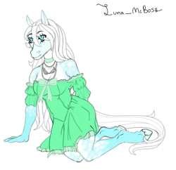 Size: 639x618 | Tagged: safe, artist:luna_mcboss, imported from derpibooru, oc, oc only, oc:althea, anthro, earth pony, unguligrade anthro, blue coat, blue eyes, bow, clothes, coat markings, dappled, dress, earth pony oc, female, furry, furry oc, jewelry, long hair, necklace, simple background, solo, white background, white mane