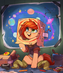 Size: 1218x1430 | Tagged: safe, artist:rexyseven, imported from derpibooru, oc, oc only, oc:rusty gears, earth pony, pony, ball, bandage, bandaid, bandaid on nose, cardboard box, clothes, crayon, crayons, cute, earth pony oc, female, filly, foal, heterochromia, looking up, open mouth, paint, paint bucket, paintbrush, scarf, shirt, sitting, socks, soda can, solo, straw, striped socks, tape, young