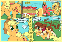 Size: 1584x1080 | Tagged: safe, artist:firefanatic, imported from derpibooru, applejack, big macintosh, cow, them's fightin' herds, apple, arizona (tfh), arizonadorable, bucket, cart, comic, community related, crossover, cute, dialogue, fluffy, food, tail, tail wag, talking