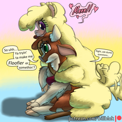 Size: 1080x1080 | Tagged: safe, artist:firefanatic, imported from derpibooru, alpaca, cow, them's fightin' herds, arizona (tfh), community related, cuddling, cute, fluffy, hug, paprika (tfh), paprikadorable, tail, tail wag, talking, tongue out