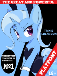 Size: 736x981 | Tagged: safe, artist:30clock, edit, imported from derpibooru, trixie, pony, unicorn, blushing, bunny suit, clothes, costume, cute, great and powerful, lewd, playboy, playboy bunny, playpony, solo, standing on two hooves, wide hips