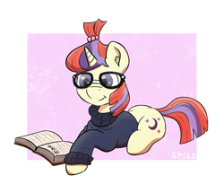 Size: 1655x1425 | Tagged: safe, artist:single purpose, imported from derpibooru, moondancer, pony, unicorn, book, clothes, cute, female, glasses, lying down, mare, reading, simple background, smiling, solo, sweater