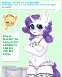 Size: 2000x2500 | Tagged: safe, artist:saltyvity, imported from derpibooru, applejack, rarity, earth pony, semi-anthro, unicorn, animal costume, bell, bell collar, belly button, bikini, bipedal, blue eyes, blushing, bucket, chest fluff, choker, clothes, collar, comics, costume, cow costume, cowbell, cowkini, cowprint, crossed arms, cute, ear fluff, eyes closed, fake horns, fluffy, green eyes, hat, horns, legs together, purple hair, raricow, simple background, socks, straw in mouth, swimsuit, thigh highs, white body, yellow mane