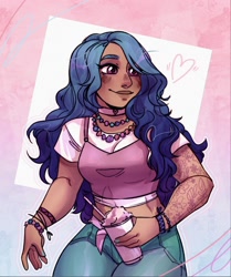Size: 1804x2160 | Tagged: safe, artist:violetwitchhh, imported from derpibooru, izzy moonbow, human, bracelet, choker, clothes, cute, dark skin, denim, drinking straw, female, g5, heart, humanized, izzybetes, jeans, jewelry, midriff, nail polish, necklace, pants, shirt, smoothie, solo, t-shirt, tattoo