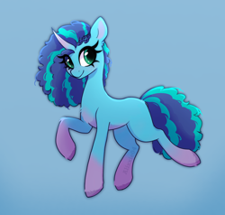 Size: 1950x1860 | Tagged: safe, artist:_alixxie_, imported from derpibooru, pony, unicorn, blue background, coat markings, curly hair, curly tail, eye clipping through hair, female, full body, g5, horn, looking at you, mare, misty brightdawn, simple background, smiling, socks (coat markings), solo, tail
