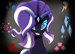 Size: 3850x2800 | Tagged: safe, artist:charmybeelikesmlp, imported from derpibooru, nightmare rarity, pony, unicorn, blue eyes, crown, cutie mark, digital art, eyeshadow, female, gray background, grin, high res, horn, jewelry, long horn, looking at you, makeup, mare, nightmarified, purple mane, purple tail, regalia, simple background, smiling, smiling at you, solo, tail, teeth