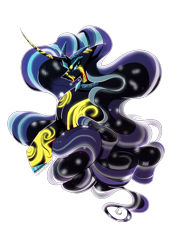 Size: 2480x3508 | Tagged: safe, artist:therissinghoothoot, imported from derpibooru, nightmare rarity, pony, unicorn, blue eyes, bust, collaboration, colored pupils, crown, curved horn, digital art, eyeshadow, female, flowing mane, gem, horn, jewelry, lidded eyes, long horn, long mane, makeup, mare, necklace, purple mane, regalia, simple background, smiling, solo, transparent background