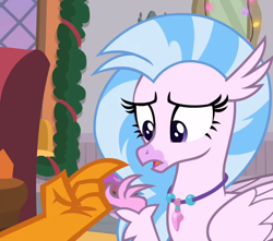 Size: 1020x900 | Tagged: safe, imported from derpibooru, screencap, silverstream, smolder, classical hippogriff, dragon, hippogriff, the hearth's warming club, cropped, dragoness, female, jewelry, necklace, offscreen character, pointing, solo focus