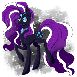 Size: 1024x1024 | Tagged: safe, artist:kankryvantas, imported from derpibooru, nightmare rarity, pony, unicorn, blue eyes, crown, curved horn, digital art, ethereal mane, eyelashes, eyeshadow, female, gem, horn, jewelry, lidded eyes, looking at you, makeup, mare, necklace, purple mane, purple tail, raised hoof, regalia, simple background, smiling, smiling at you, solo, sparkles, starry mane, starry tail, tail, transparent background, walking