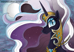 Size: 2554x1806 | Tagged: safe, artist:diamondwolfart, imported from derpibooru, nightmare rarity, pony, unicorn, blue eyes, digital art, ethereal mane, eyelashes, eyeshadow, female, flowing mane, gem, helmet, horn, jewelry, looking at you, makeup, mare, moon, moonlight, night, peytral, purple mane, signature, sky, solo, sparkles