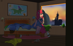 Size: 2200x1400 | Tagged: safe, artist:schumette14, imported from derpibooru, cheese sandwich, pinkie pie, anthro, bed, morning