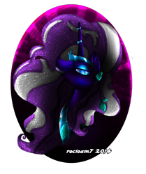 Size: 2205x2640 | Tagged: safe, artist:rocioam7, imported from derpibooru, nightmare rarity, pony, unicorn, blue eyes, bust, crown, digital art, ethereal mane, eyeshadow, female, gem, high res, horn, jewelry, lidded eyes, looking at you, makeup, mare, peytral, purple mane, regalia, signature, simple background, solo, sparkles, starry mane, teeth, transparent background