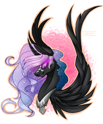 Size: 1224x1468 | Tagged: safe, artist:blake-rosey, imported from derpibooru, nightmare star, princess celestia, alicorn, pony, bust, curved horn, digital art, ethereal mane, eyelashes, feather, female, flowing mane, glowing, glowing eyes, grin, horn, mare, nightmarified, peytral, pink eyes, signature, simple background, smiling, solo, sparkles, spread wings, starry mane, stars, teeth, white background, wings