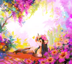Size: 2048x1824 | Tagged: safe, artist:dearmary, imported from derpibooru, oc, oc only, oc:sylvine, butterfly, pony, unicorn, blanket, cactus, coat markings, color porn, colorful, eyeshadow, female, floral head wreath, flower, horn, lidded eyes, lying down, makeup, mare, scenery, socks (coat marking), socks (coat markings), solo, tree